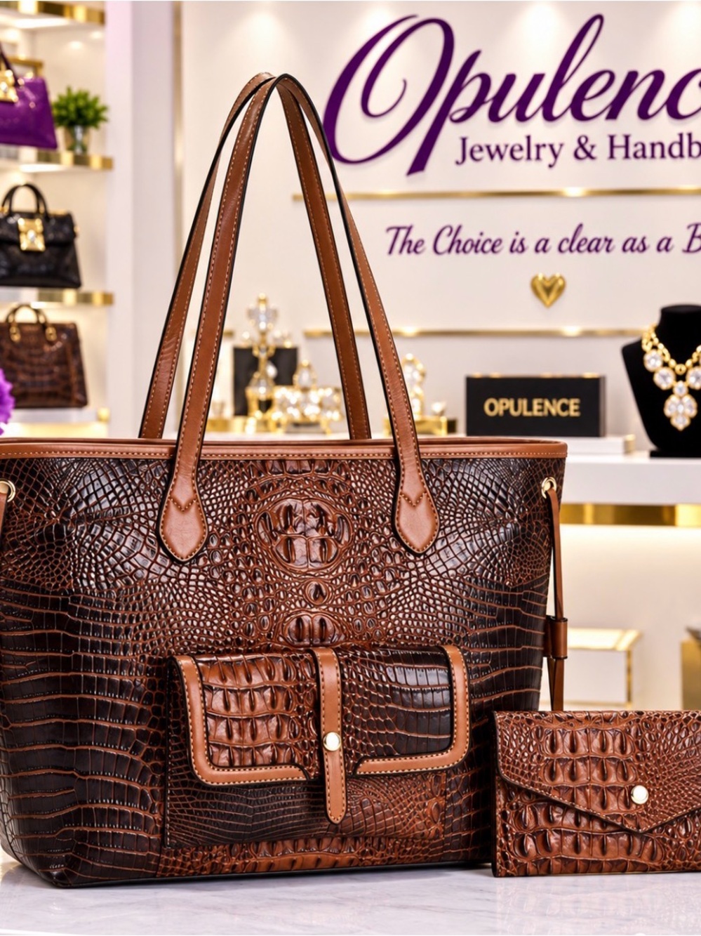 Brown Croc-Embossed Tote Bag with Wallet